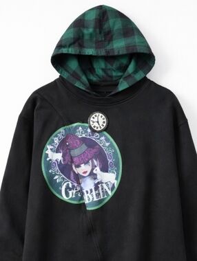 IROO Graphic Hoodie Green Black Plaid Hood Streetwear Sweatshirt M